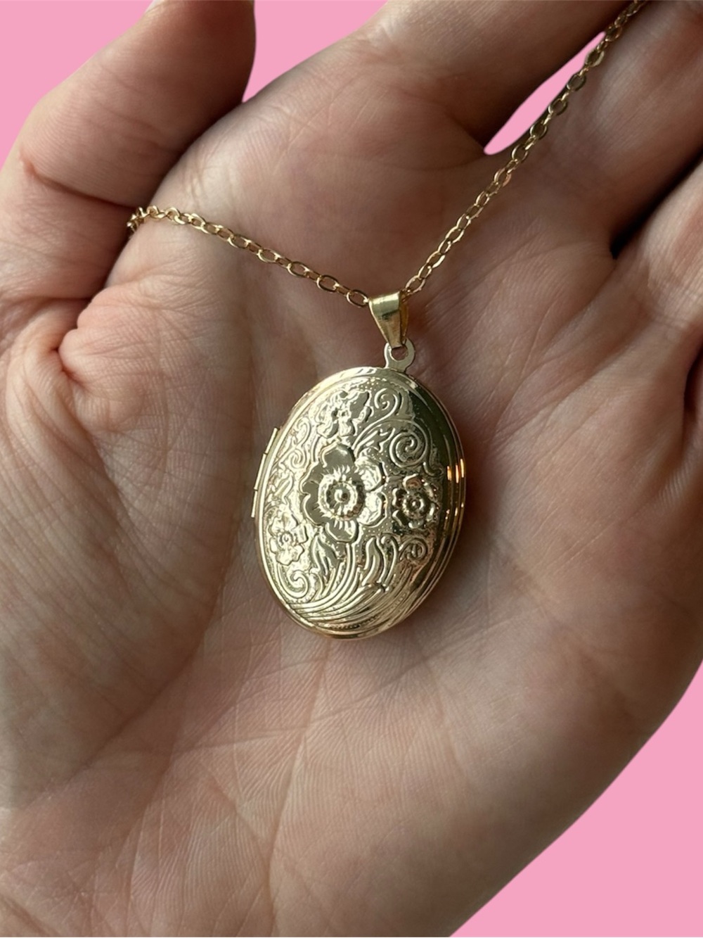 Gold Floral Engraved Oval Locket Necklace - Women Jewelry